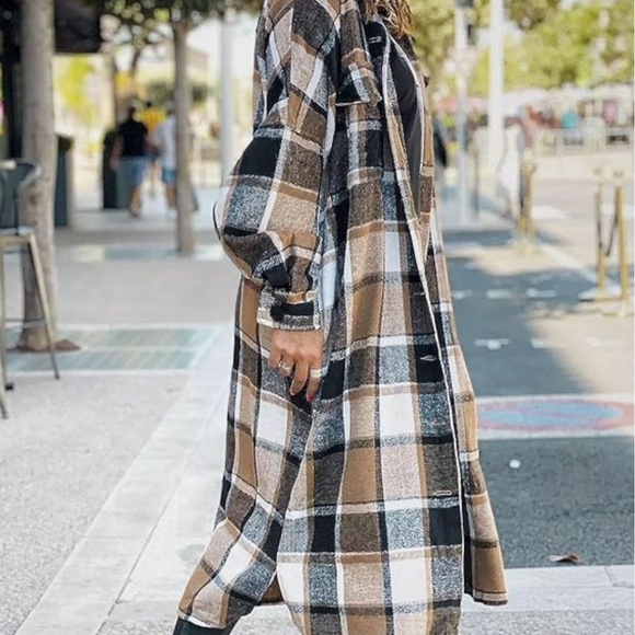 Long Plaid Shirts Shacket Jacket Button Down Long Sleeve Woolen Blend Shirts - Picture 2 of 5